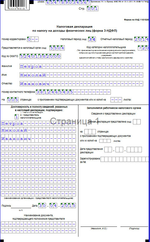 Образец налоговой декларации по налогу на доходы физических лиц 3 ндфл