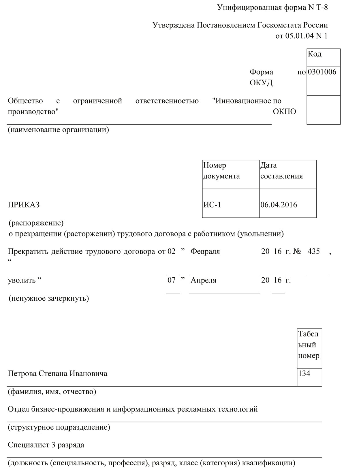 Приказ об увольнении не прошедшего испытательный срок образец